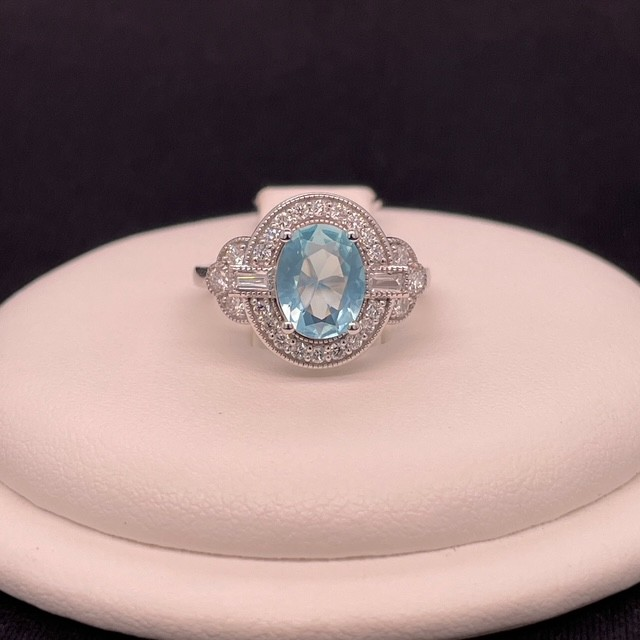 1 ct Lab-Created Aquamarine Oval Halo Ring in Sterling Silver