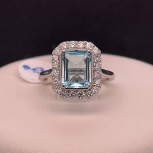 1 ct Lab-Created Aquamarine Emerald-Cut Halo Ring in Sterling Silver