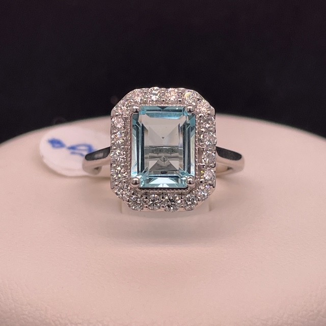 1 ct Lab-Created Aquamarine Emerald-Cut Halo Ring in Sterling Silver