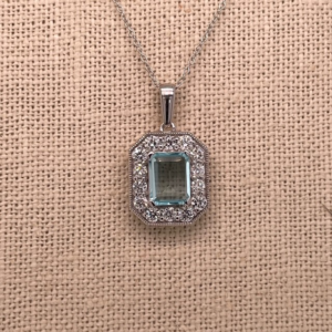 Aquamarine Emerald Halo Lab Diamond Necklace