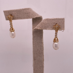 14K Yellow Gold Pearl & Diamond Drop Earrings (.13 ct)